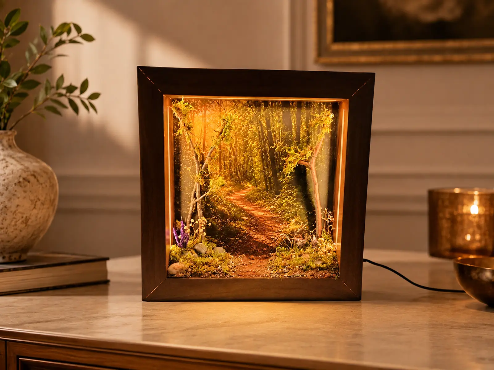 Bitmiş dekoratif diorama çerçevesi.