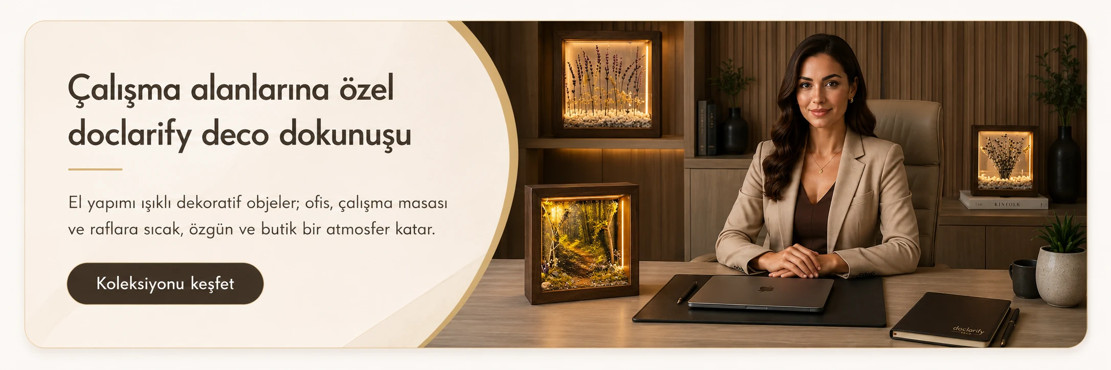 Çalışma ofisinde doclarify deco el yapımı ışıklı dekoratif objeleri