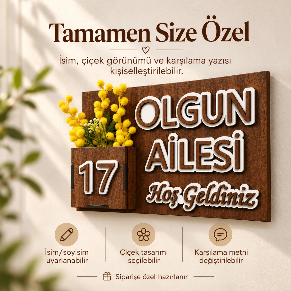 İsim, çiçek tasarımı ve karşılama metni kişiselleştirmesini anlatan kapı isimliği tanıtımı