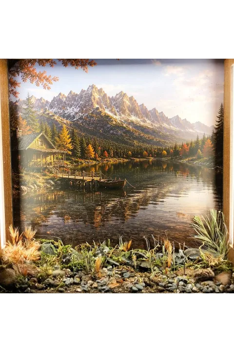 SC004 - Işıklı Dekoratif Çerçeve LED Sonbahar Dağ Gölü El Yapımı Diorama Obje 25x25x5 cm - yakın plan malzeme ve tasarım detayı