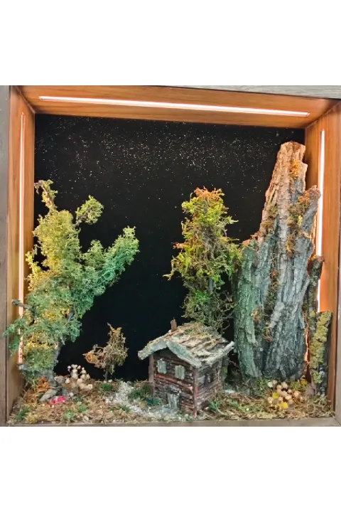 SC007 - Işıklı Dekoratif Çerçeve LED Masalsı Orman Evi El Yapımı Diorama Obje 38x38x8 cm - yakın plan malzeme ve tasarım detayı