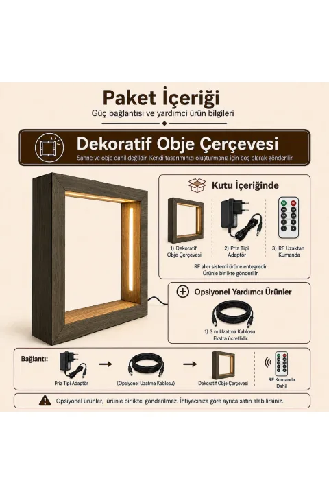 TC010 - Açık Ud Ağacı Desenli M Boy Kumandalı İçi Boş LED Obje Sergileme Çerçevesi - paket içeriği ve bağlantı bilgisi