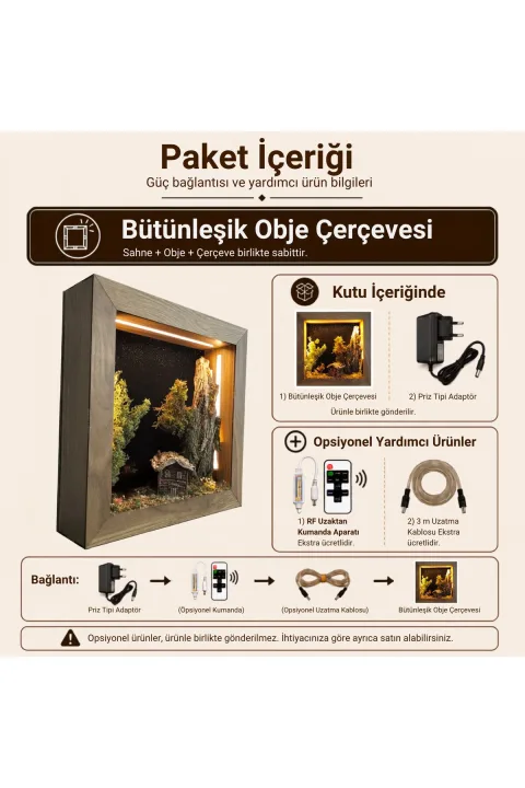 SC007 - Işıklı Dekoratif Çerçeve LED Masalsı Orman Evi El Yapımı Diorama Obje 38x38x8 cm - paket içeriği ve bağlantı bilgisi