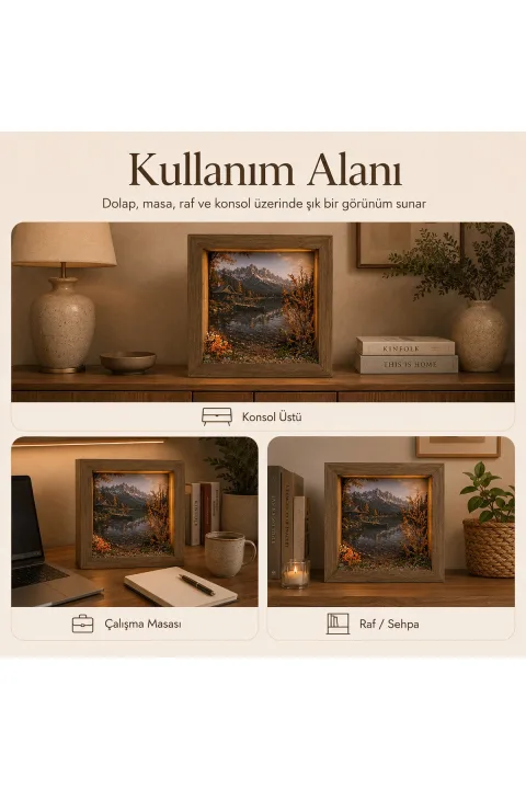 SC002 - Işıklı Dekoratif Çerçeve LED Göl Kenarı Dağ Evi El Yapımı Diorama Obje 38x38x8 cm - farklı kullanım alanları