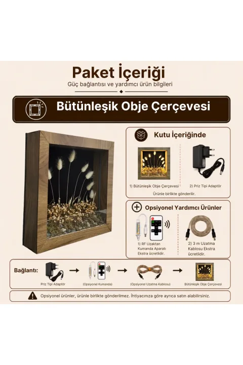 SC009 - Işıklı Dekoratif Çerçeve LED Siyah Fon Beyaz Kuru Bitki El Yapımı Botanik Obje 31x31x6 cm - paket içeriği ve bağlantı bilgisi