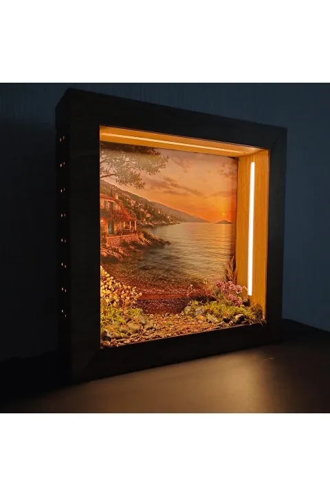 SC001 - Işıklı Dekoratif Çerçeve LED Sahilde Gün Batımı El Yapımı Diorama Obje 38x38x8 cm - dekorasyonda kullanım görünümü
