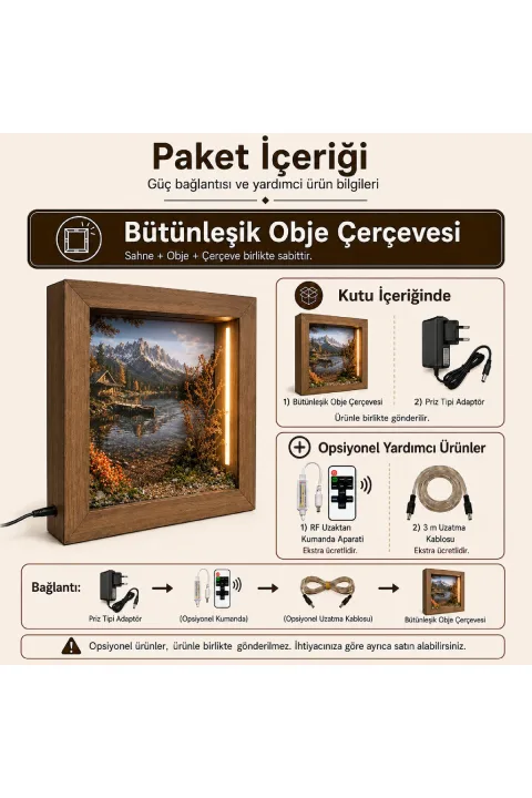 SC002 - Işıklı Dekoratif Çerçeve LED Göl Kenarı Dağ Evi El Yapımı Diorama Obje 38x38x8 cm - paket içeriği ve bağlantı bilgisi