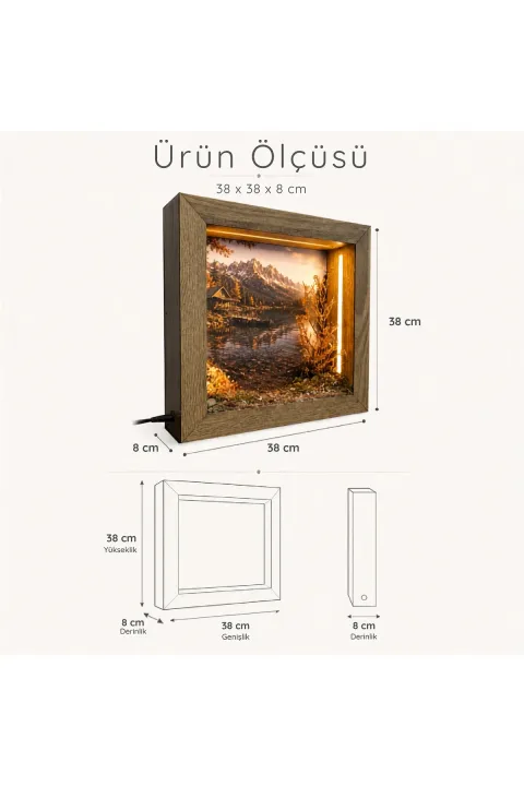 SC002 - Işıklı Dekoratif Çerçeve LED Göl Kenarı Dağ Evi El Yapımı Diorama Obje 38x38x8 cm - ölçü ve ebat bilgisi