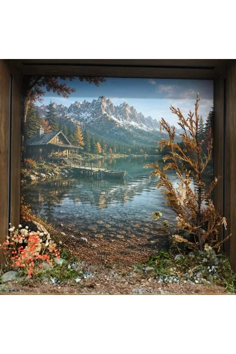SC002 - Işıklı Dekoratif Çerçeve LED Göl Kenarı Dağ Evi El Yapımı Diorama Obje 38x38x8 cm - yakın plan malzeme ve tasarım detayı