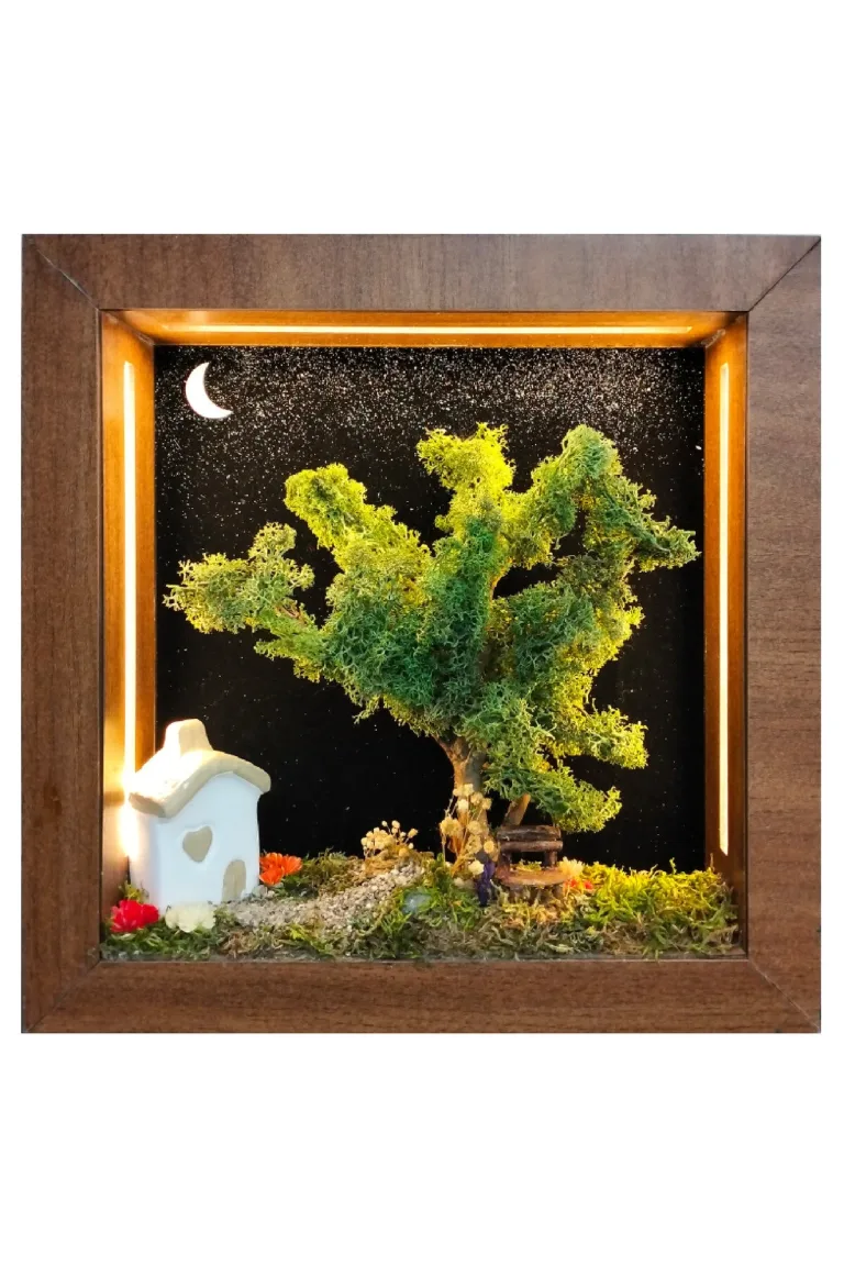 SC010 - Işıklı Dekoratif Çerçeve LED Yıldızlı Gece Ev ve Yosun Ağaç El Yapımı Diorama Obje 31x31x6 cm - el yapımı LED diorama çerçevesi ana görseli