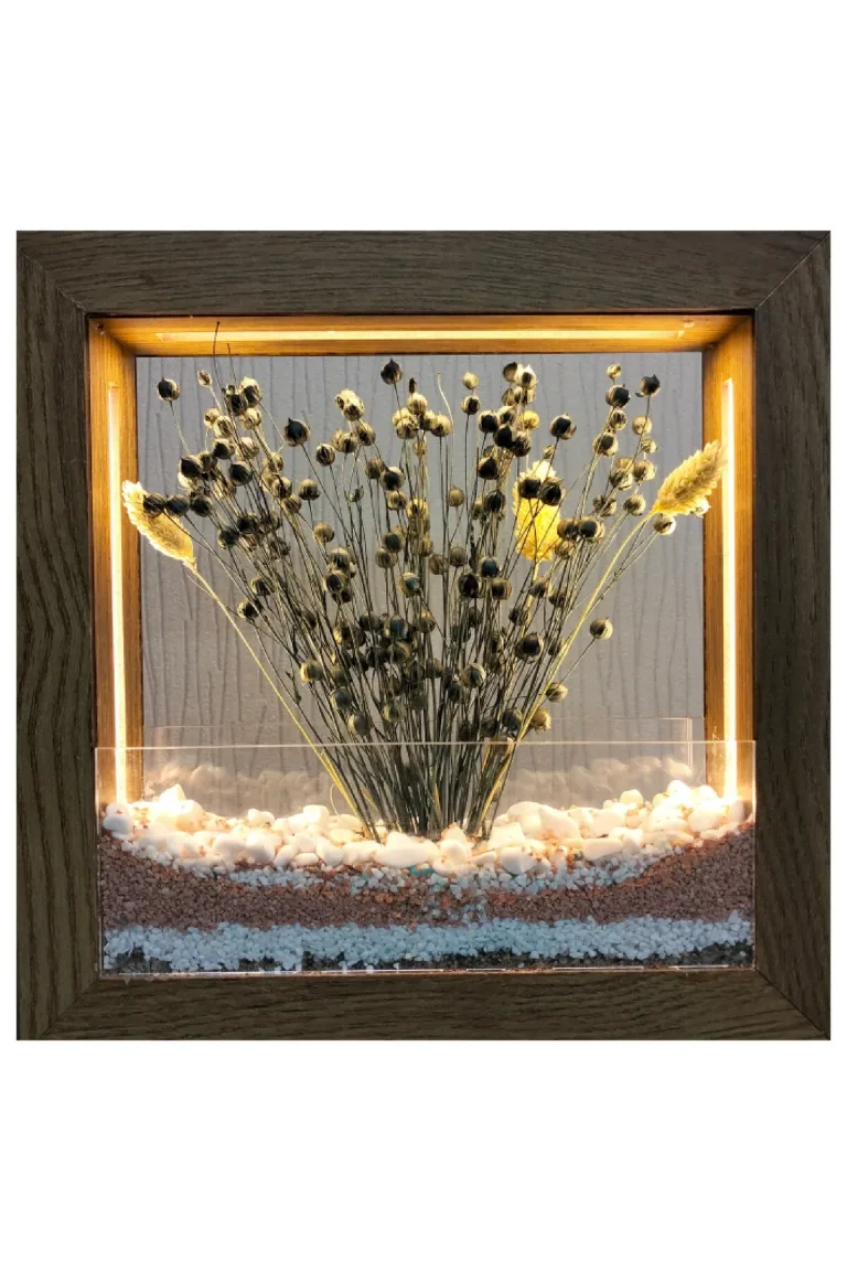 SC006 - Işıklı Dekoratif Çerçeve LED Renkli Kum Katmanlı Kuru Bitki El Yapımı Botanik Obje 25x25x5 cm - el yapımı LED diorama çerçevesi ana görseli