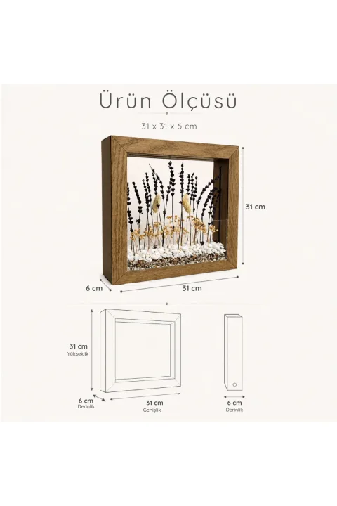 SC005 - Işıklı Dekoratif Çerçeve LED Mor Kuru Bitki El Yapımı Botanik Obje 31x31x6 cm - ölçü ve ebat bilgisi
