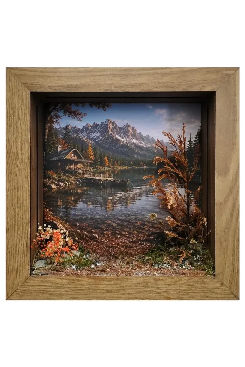 SC002 - Işıklı Dekoratif Çerçeve LED Göl Kenarı Dağ Evi El Yapımı Diorama Obje 38x38x8 cm - alternatif ürün görünümü