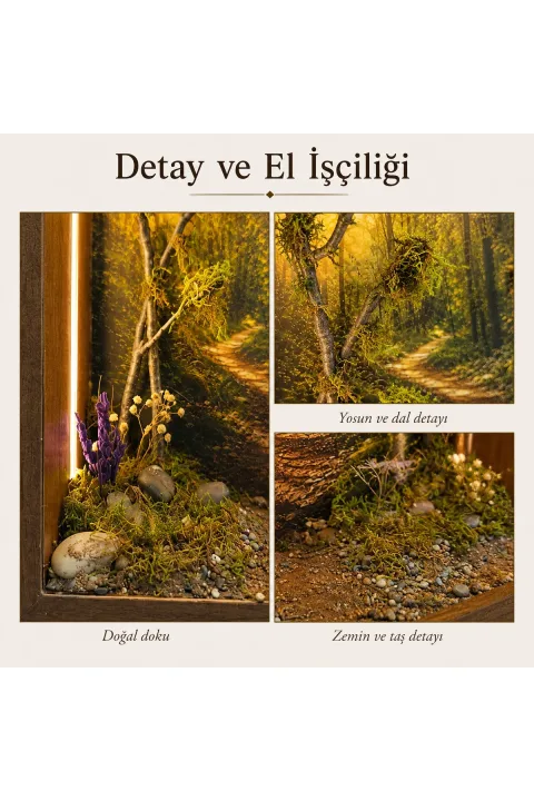 SC003 - Işıklı Dekoratif Çerçeve LED Güneşli Orman Yolu El Yapımı Diorama Obje 38x38x8 cm - yakın plan malzeme ve tasarım detayı