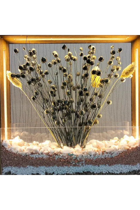 SC006 - Işıklı Dekoratif Çerçeve LED Renkli Kum Katmanlı Kuru Bitki El Yapımı Botanik Obje 25x25x5 cm - yakın plan malzeme ve tasarım detayı