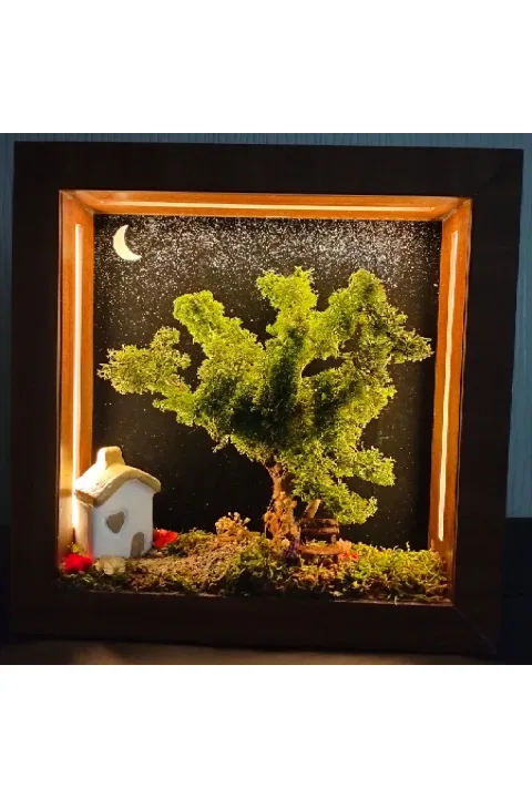 SC010 - Işıklı Dekoratif Çerçeve LED Yıldızlı Gece Ev ve Yosun Ağaç El Yapımı Diorama Obje 31x31x6 cm - dekorasyonda kullanım görünümü