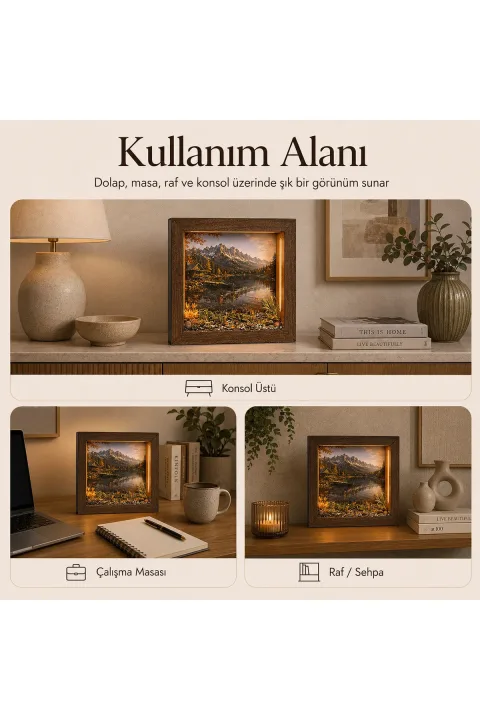 SC004 - Işıklı Dekoratif Çerçeve LED Sonbahar Dağ Gölü El Yapımı Diorama Obje 25x25x5 cm - farklı kullanım alanları