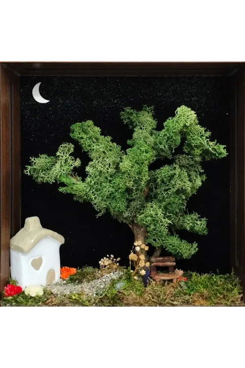 SC010 - Işıklı Dekoratif Çerçeve LED Yıldızlı Gece Ev ve Yosun Ağaç El Yapımı Diorama Obje 31x31x6 cm - yakın plan malzeme ve tasarım detayı