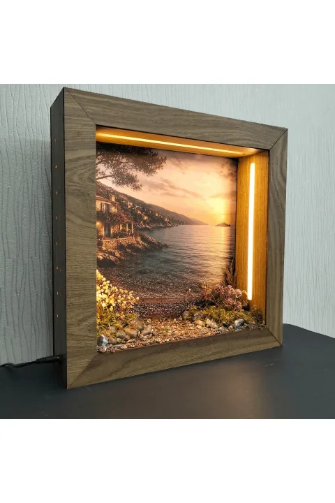 SC001 - Işıklı Dekoratif Çerçeve LED Sahilde Gün Batımı El Yapımı Diorama Obje 38x38x8 cm - yan açı ve derinlik görünümü