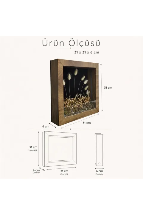 SC009 - Işıklı Dekoratif Çerçeve LED Siyah Fon Beyaz Kuru Bitki El Yapımı Botanik Obje 31x31x6 cm - ölçü ve ebat bilgisi