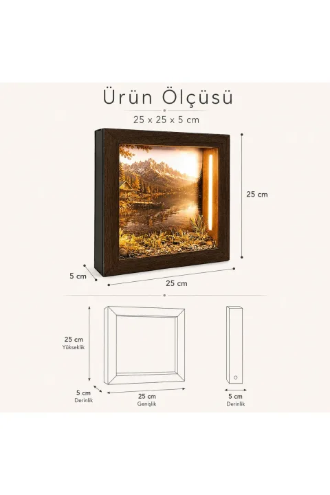 SC004 - Işıklı Dekoratif Çerçeve LED Sonbahar Dağ Gölü El Yapımı Diorama Obje 25x25x5 cm - ölçü ve ebat bilgisi