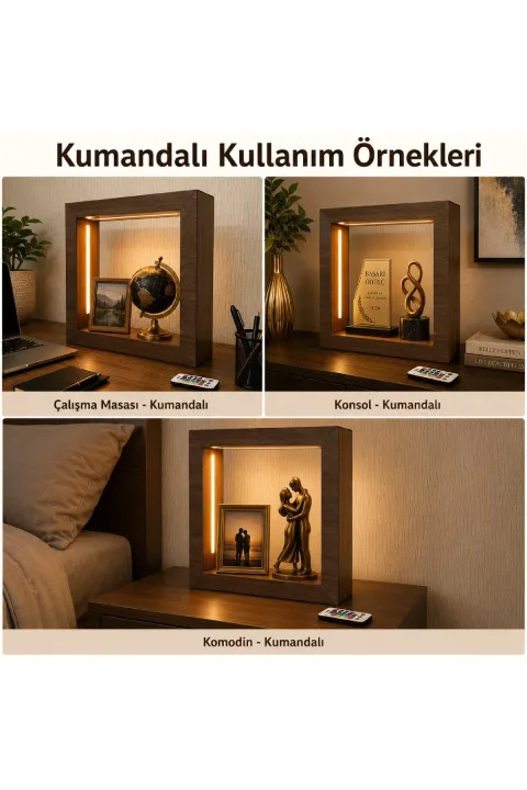TC011 - Koyu Meşe Desenli S Boy Kumandalı İçi Boş LED Obje Sergileme Çerçevesi - farklı kullanım alanları