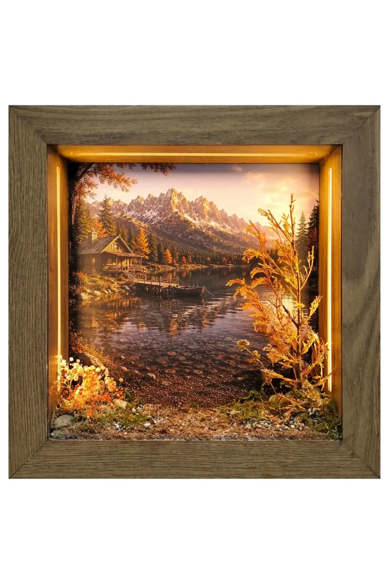 SC002 - Işıklı Dekoratif Çerçeve LED Göl Kenarı Dağ Evi El Yapımı Diorama Obje 38x38x8 cm - el yapımı LED diorama çerçevesi ana görseli