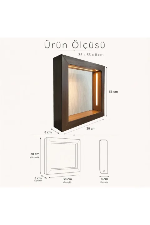 TC007 - Koyu Meşe Desenli L Boy Kumandalı İçi Boş LED Obje Sergileme Çerçevesi - iç boşluk ve dış ölçü bilgisi
