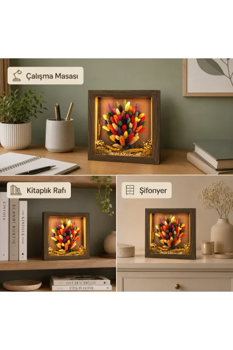 SC008 - Işıklı Dekoratif Çerçeve LED Renkli Kuru Çiçek El Yapımı Botanik Obje 25x25x5 cm - farklı kullanım alanları