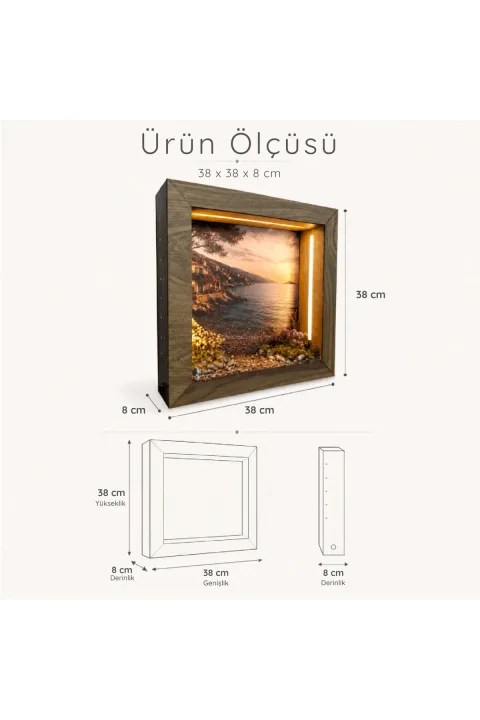 SC001 - Işıklı Dekoratif Çerçeve LED Sahilde Gün Batımı El Yapımı Diorama Obje 38x38x8 cm - ölçü ve ebat bilgisi