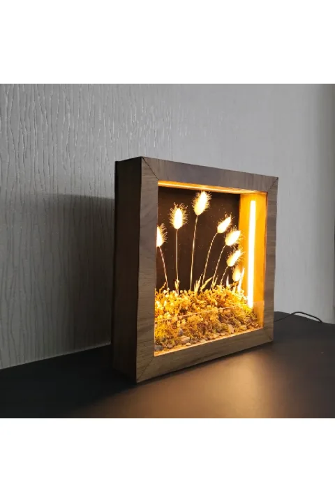 SC009 - Işıklı Dekoratif Çerçeve LED Siyah Fon Beyaz Kuru Bitki El Yapımı Botanik Obje 31x31x6 cm - yan açı ve derinlik görünümü