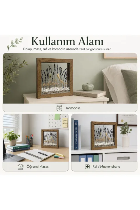 SC005 - Işıklı Dekoratif Çerçeve LED Mor Kuru Bitki El Yapımı Botanik Obje 31x31x6 cm - farklı kullanım alanları