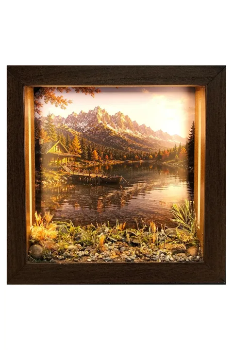 SC004 - Işıklı Dekoratif Çerçeve LED Sonbahar Dağ Gölü El Yapımı Diorama Obje 25x25x5 cm - ana ürün görünümü