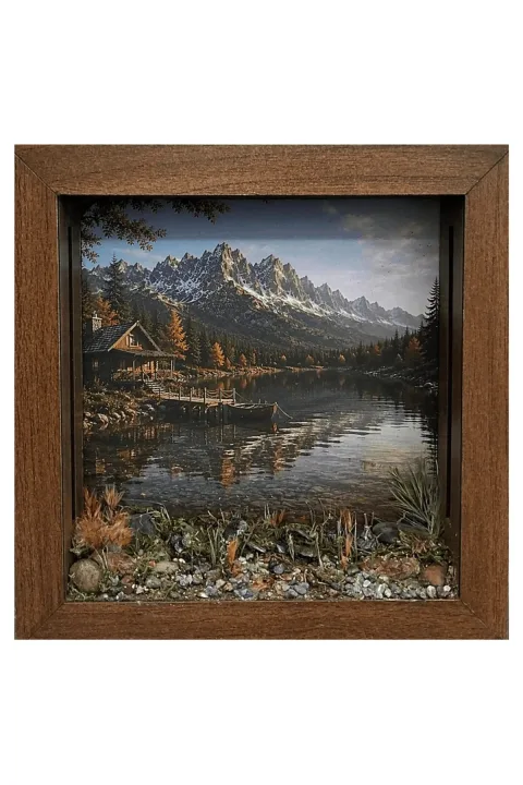 SC004 - Işıklı Dekoratif Çerçeve LED Sonbahar Dağ Gölü El Yapımı Diorama Obje 25x25x5 cm - alternatif ürün görünümü
