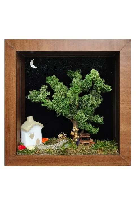 SC010 - Işıklı Dekoratif Çerçeve LED Yıldızlı Gece Ev ve Yosun Ağaç El Yapımı Diorama Obje 31x31x6 cm - alternatif ürün görünümü