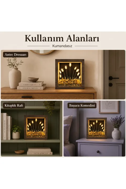 SC009 - Işıklı Dekoratif Çerçeve LED Siyah Fon Beyaz Kuru Bitki El Yapımı Botanik Obje 31x31x6 cm - farklı kullanım alanları