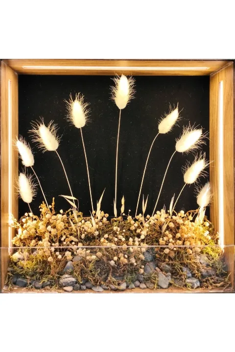 SC009 - Işıklı Dekoratif Çerçeve LED Siyah Fon Beyaz Kuru Bitki El Yapımı Botanik Obje 31x31x6 cm - yakın plan malzeme ve tasarım detayı