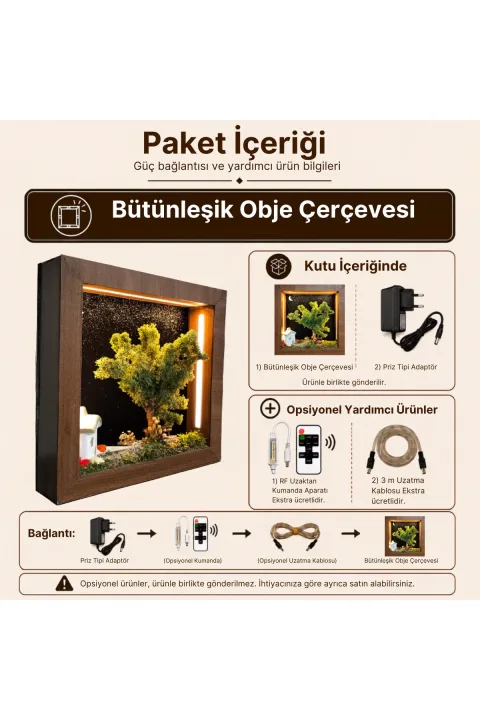 SC010 - Işıklı Dekoratif Çerçeve LED Yıldızlı Gece Ev ve Yosun Ağaç El Yapımı Diorama Obje 31x31x6 cm - paket içeriği ve bağlantı bilgisi