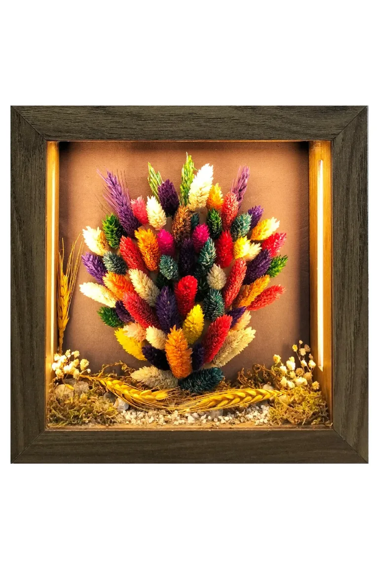 SC008 - Işıklı Dekoratif Çerçeve LED Renkli Kuru Çiçek El Yapımı Botanik Obje 25x25x5 cm - el yapımı LED diorama çerçevesi ana görseli