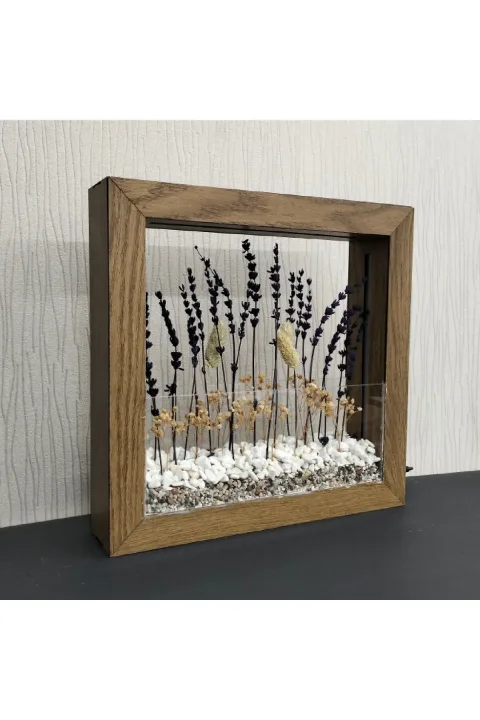 SC005 - Işıklı Dekoratif Çerçeve LED Mor Kuru Bitki El Yapımı Botanik Obje 31x31x6 cm - yan açı ve derinlik görünümü