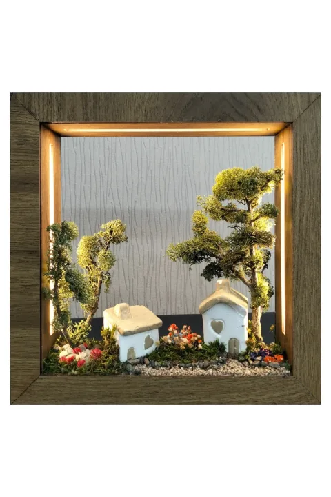 SC011 - Işıklı Dekoratif Çerçeve Açık Arka Planlı Bahçe Evli El Yapımı LED Diorama 31x31x6 cm - ana ürün görünümü
