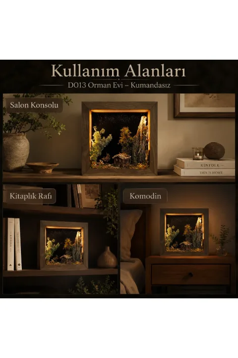 SC007 - Işıklı Dekoratif Çerçeve LED Masalsı Orman Evi El Yapımı Diorama Obje 38x38x8 cm - farklı kullanım alanları