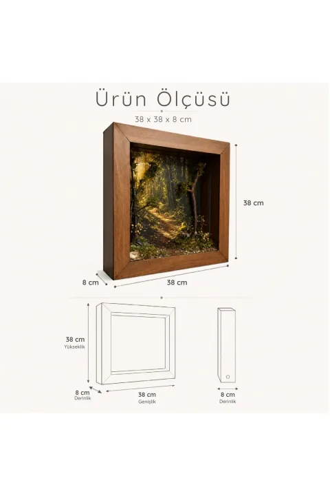 SC003 - Işıklı Dekoratif Çerçeve LED Güneşli Orman Yolu El Yapımı Diorama Obje 38x38x8 cm - ölçü ve ebat bilgisi