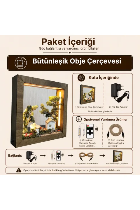 SC011 - Işıklı Dekoratif Çerçeve Açık Arka Planlı Bahçe Evli El Yapımı LED Diorama 31x31x6 cm - paket içeriği ve bağlantı bilgisi