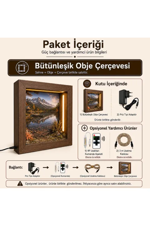 SC004 - Işıklı Dekoratif Çerçeve LED Sonbahar Dağ Gölü El Yapımı Diorama Obje 25x25x5 cm - paket içeriği ve bağlantı bilgisi