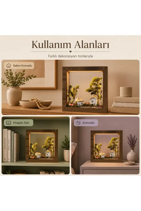 SC011 - Işıklı Dekoratif Çerçeve Açık Arka Planlı Bahçe Evli El Yapımı LED Diorama 31x31x6 cm - farklı kullanım alanları