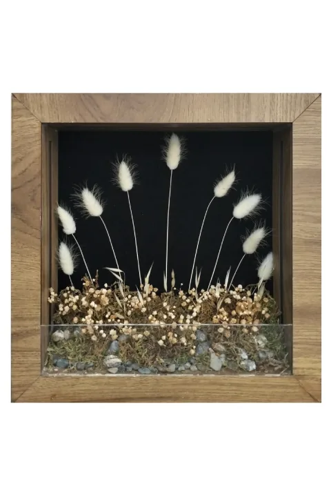 SC009 - Işıklı Dekoratif Çerçeve LED Siyah Fon Beyaz Kuru Bitki El Yapımı Botanik Obje 31x31x6 cm - alternatif ürün görünümü