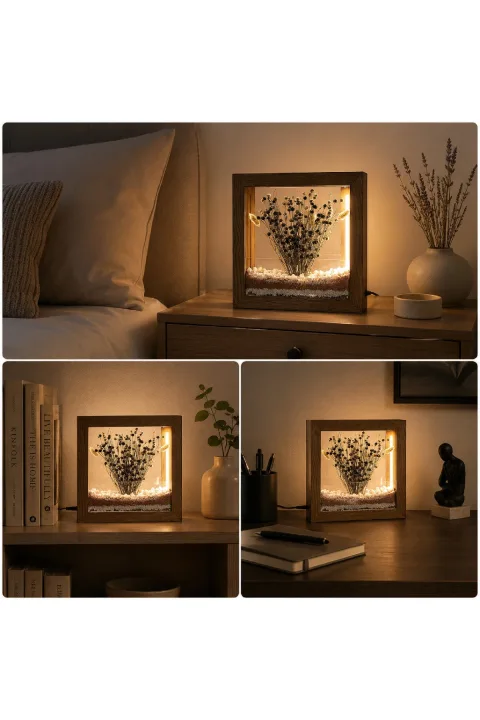 SC006 - Işıklı Dekoratif Çerçeve LED Renkli Kum Katmanlı Kuru Bitki El Yapımı Botanik Obje 25x25x5 cm - farklı kullanım alanları