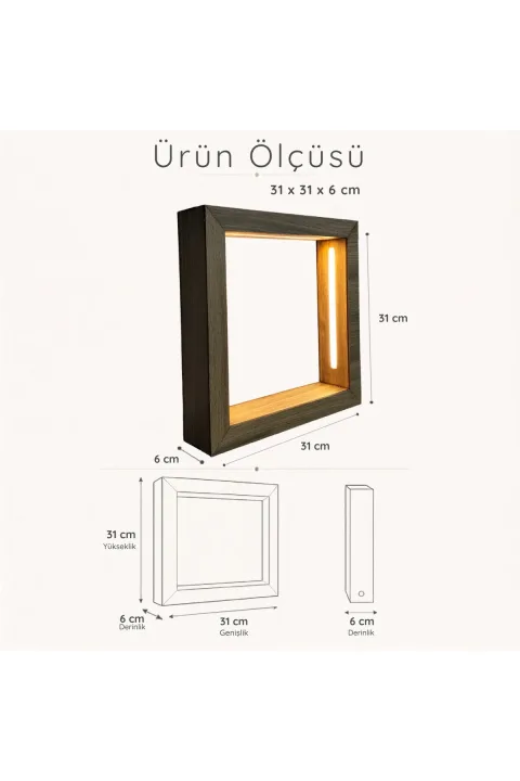 TC010 - Açık Ud Ağacı Desenli M Boy Kumandalı İçi Boş LED Obje Sergileme Çerçevesi - iç boşluk ve dış ölçü bilgisi