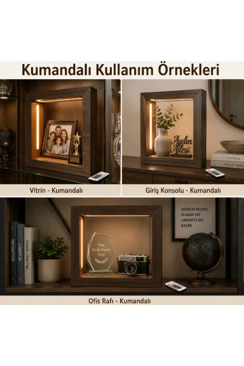 TC007 - Koyu Meşe Desenli L Boy Kumandalı İçi Boş LED Obje Sergileme Çerçevesi - farklı kullanım alanları